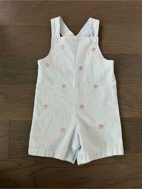 Preppy blue Seersucker Shortalls with embroidered baseballs- kids size 24 m